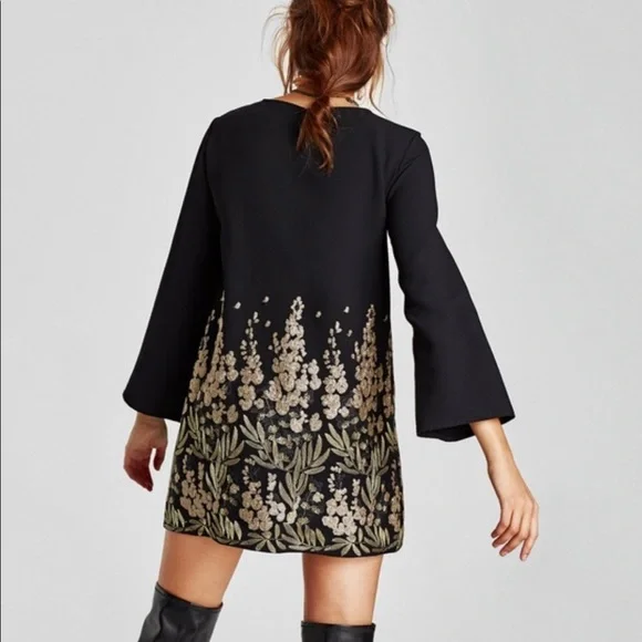 ZARA | BLACK LONG SLEEVE MINI DRESS WITH GOLD EMBELLISHED EMBROIDERY - Picture 10 of 10